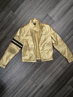 Luxerie By Lrg Gold Metallic Moto Jacket with Black Sleeve Stripes Large
